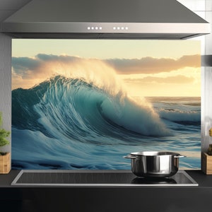 Ocean Backsplash Tempered Glass Tiles-Wave Backsplash for ocean Splashback Stove Back Cover Splashback Tile-Cooker Wall Backsplash Panel art