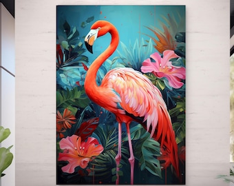 Flamingo Wall Decor UV Print Flat Tempered Glass Abstract Animal Design Large Modern Wall Hanging
