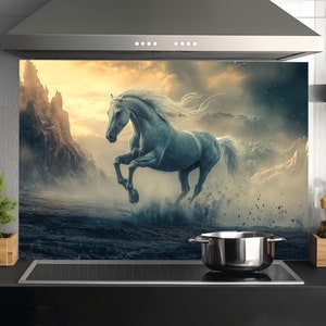 Horse Tempered Glass Backsplash Tiles-Animal Backsplash for Kitchen Horse Splashback Stove Back Cover-Sink Splashback Animal Wall Decor Art