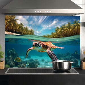 May include: A colorful sea turtle swims through clear blue water with a tropical island in the background. The image is a kitchen backsplash with a tropical theme.