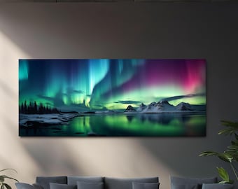 Panaromic Northern Lights Tempered Glass Printing, Extra Large Modern Aurora Borealis Glass Wall Decor