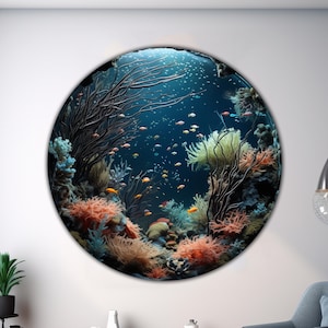 Aquarium Round Tempered Glass Decor, Underwater Circle Printing, Fishes Wall Art Round Glass, Animal Wall Glass,Sea Coral Art,Glass Printing