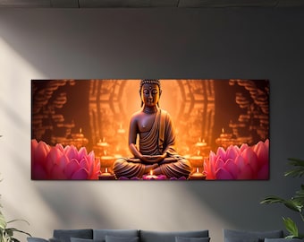 Buddha Wall Decor UV Print Large Tempered Panel Panoramic Design Hindu Style Home Accent