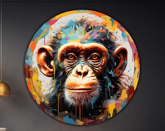 Aap ronde kunst aan de muur van gehard glas, afdrukken op glas, grote glazen muurkunst, wandkleden, abstracte aapkunst, Banksy Art, aap print cadeau