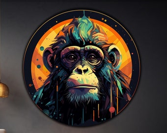 Aap ronde kunst aan de muur van gehard glas, afdrukken op glas, grote glazen muurkunst, wandkleden, abstracte aapkunst, Banksy Art, aap print cadeau