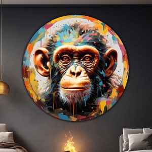 Monkey Round Tempered Glass Wall Art, Glass Printing, Large Glass Wall Art, Wall Hangings, Abstract Monkey Art, Banksy Art,Monkey Print Gift