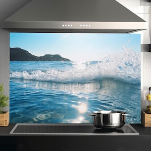 Tempered Glass Backsplash Tile-Sea View Backsplash Tiles-Stove Backsplash for Kitchen Splashback for Stove Back Cover-Sea Wave Backsplash