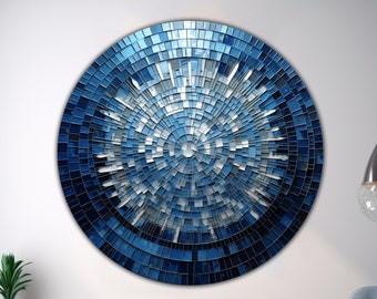 Abstract Blue And Silver Fractal Tempered Glass Wall Art-Abstract Glass Printing Wall Art-Silver Blue Fractal Tempered Glass Wall Decor Art