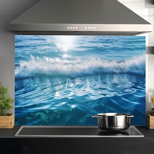 Tempered Glass Backsplash Tile-Sea View Backsplash Tiles-Stove Backsplash for Kitchen Splashback for Stove Back Cover-Sea Wave Backsplash