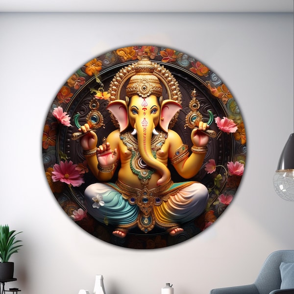 Lord Ganesh Tempered Glass Wall Art, Ganesh Wall Art, Round Ganesha Wall Decor, Large Wall Art Housewarming Gift Home Decor Wall Decor Art