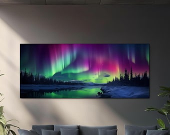 Northern Lights Panaromic Tempered Glass Wall Art – Aurora Borealis Glass Printing, Extra Large Modern Glass Wall Decor