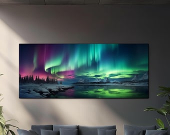 Aurora Borealis Panaromic Tempered Glass Wall Art – Northern Lights Glass Printing, Extra Large Modern Glass Wall Decor