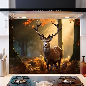 Deer Animal Tempered Glass Backsplash Tiles-Animal Backsplash for Kitchen Deer Splashback Stove Back Cover-Sink Splashback Deer Backsplash
