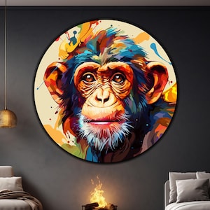 Monkey Round Tempered Glass Wall Art, Glass Printing, Large Glass Wall Art, Wall Hangings, Abstract Monkey Art, Banksy Art,Monkey Print Gift