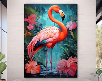 Flamingo Wall Decor UV Print Flat Tempered Glass Abstract Animal Design Large Modern Wall Hanging