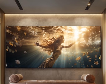 Mermaid Panaromic Wall Art-Panaromic Tempered Glass Wall Art-Mermaid Wall Hangings-Mermaid in Water-Glass Printing-Glass Large Wall Art