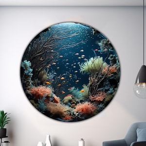 Aquarium Round Tempered Glass Decor, Underwater Circle Printing, Fishes Wall Art Round Glass, Animal Wall Glass,Sea Coral Art,Glass Printing