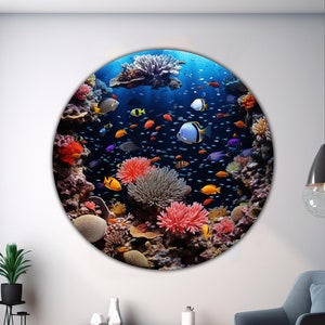 Aquarium Round Tempered Glass Decor, Underwater Circle Printing, Fishes Wall Art Round Glass, Animal Wall Glass,Sea Coral Art,Glass Printing