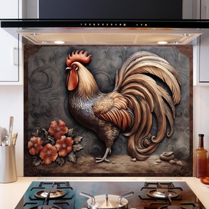 Puede incluir: Un gallo colorido con cresta y barbillas rojas se encuentra sobre un fondo marrón y gris con un diseño floral. El gallo está rodeado por un borde decorativo.