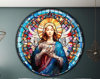Virgin Mary Tempered Glass Wall Art, Virgin Mary Round Tempered Glass, Stained Glass Art, Glass Printing Wall Art Decor,Religious Wall Art