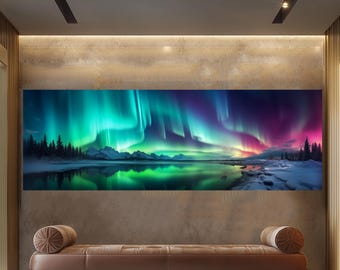 Panaromic Tempered Glass Wall Art –Northern Lights Glass Printing, Extra Large Modern Aurora Borealis Glass Wall Decor