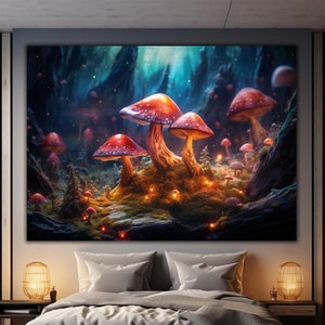 Magic Forest Mushroom Tempered Glass , Psychedelic Post Apocalyptic, Trippy Retro Glass Print, Goblincore Cosmic Art Lover Gift,Mushroomcore