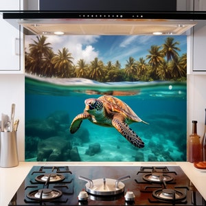 May include: A kitchen backsplash with a colorful underwater scene featuring a sea turtle swimming in turquoise water with palm trees above the surface.