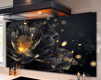 Tempered Glass Backsplash Tile-Black Flower Backsplash Tiles-Stove Backsplash for Flower Splashback for Stove Back Cover-Floral Backsplash