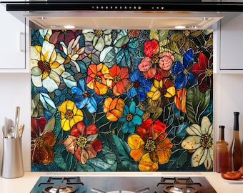 Tempered Glass Backsplash-Flower Backsplash Tiles-Stove Backsplash for Lotus Splashback for Stove Back Cover-Stained Floral Backsplash