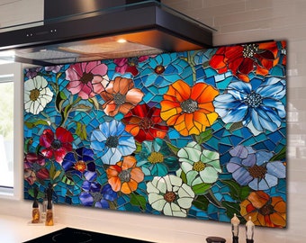 Tempered Glass Backsplash-Flower Backsplash Tiles-Stove Backsplash for Lotus Splashback for Stove Back Cover-Stained Floral Backsplash