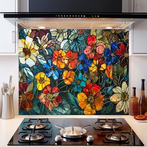 May include: A colorful stained glass kitchen backsplash with a floral design. The backsplash features a variety of flowers in shades of red, orange, yellow, blue, and green. The flowers are arranged in a random pattern, creating a vibrant and eye-catching design.