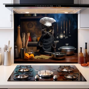 Dosseret en verre trempé chat noir, couvercle supérieur de cuisinière en verre chat chef, décoration murale de cuisine pour couvercle supérieur de cuisinière à gaz, couvercle de four dosseret de cuisine