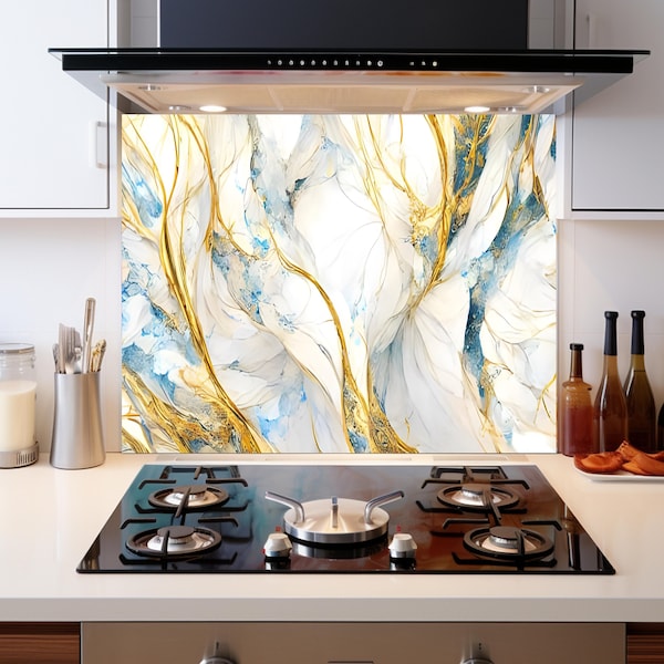 Marble Kitchen Glass Splashback-Tempered Glass Backsplash Tile Kitchen Backsplash Tiles-Cooker Panel Waterproof-Modern Kitchen Wall Decor