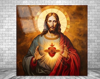 May include: A painting of Jesus Christ with a golden halo and a red robe. His hands are raised, and a glowing heart with a crown is in the centre of his chest.