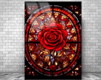 Stained Rose Glass Wall Decor Art Work, Stain Glass Rose Window Wall Hangings, Glass Printing Wall Art,Glass UV Print,Home Office Wall Decor
