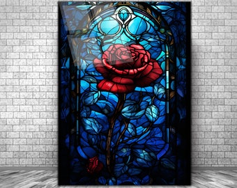 Stained Rose Glass Wall Decor Art Work, Stain Glass Rose Window Wall Hangings, Glass Printing Wall Art,Glass UV Print,Home Office Wall Decor