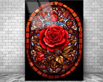 Stained Rose Glass Wall Decor Art Work, Stain Glass Rose Window Wall Hangings, Glass Printing Wall Art,Glass UV Print,Home Office Wall Decor