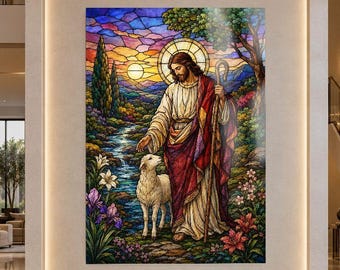 Good Shepherd Jesus Tempered Glass Print Wall Decor Art, Stained Glass Print Style Decor