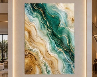 Green Gold Abstract Tempered Glass Wall Decor Art – Alcohol Ink Glass Print