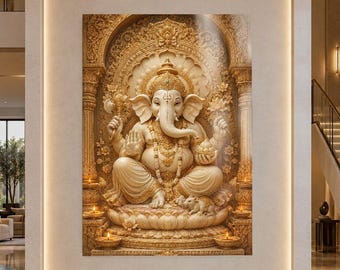 Tempered Glass Print Ganesh Wall Decor Art: Gold Hindu God