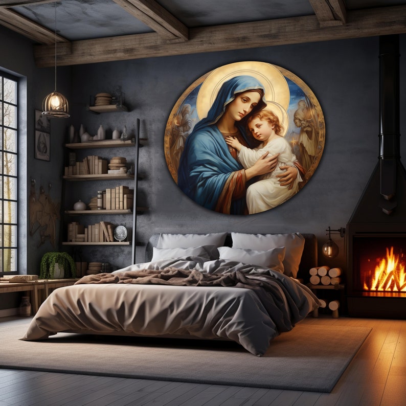 May include: A round painting of a woman in a blue robe holding a child. The woman is looking down at the child, who is looking up at the viewer. The painting is set against a gold background with a halo around the woman's head.