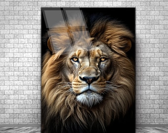Lion Portrait Tempered Glass Wall Art, Male Lion Glass Wall Decor, Animals Glass Wall Hanging, Lion Lovers Gift, Ready to Hang,Lion wall art
