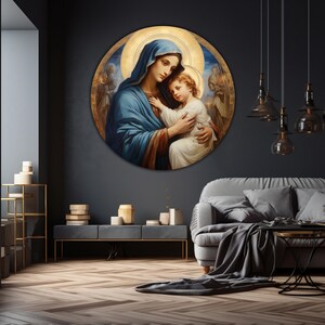 May include: A round painting of a woman in a blue robe holding a child. The woman has a halo and the child is looking up at her. The painting is set against a gold background.