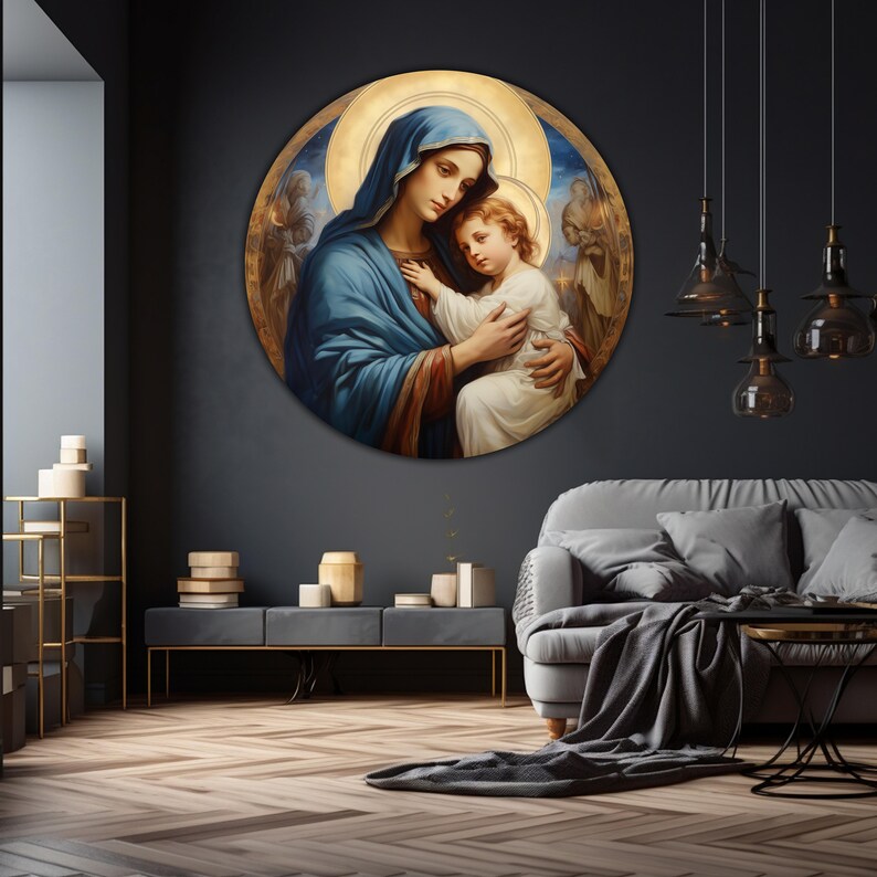 May include: A round painting of a woman in a blue robe holding a child. The woman has a halo and the child is looking up at her. The painting is set against a gold background.