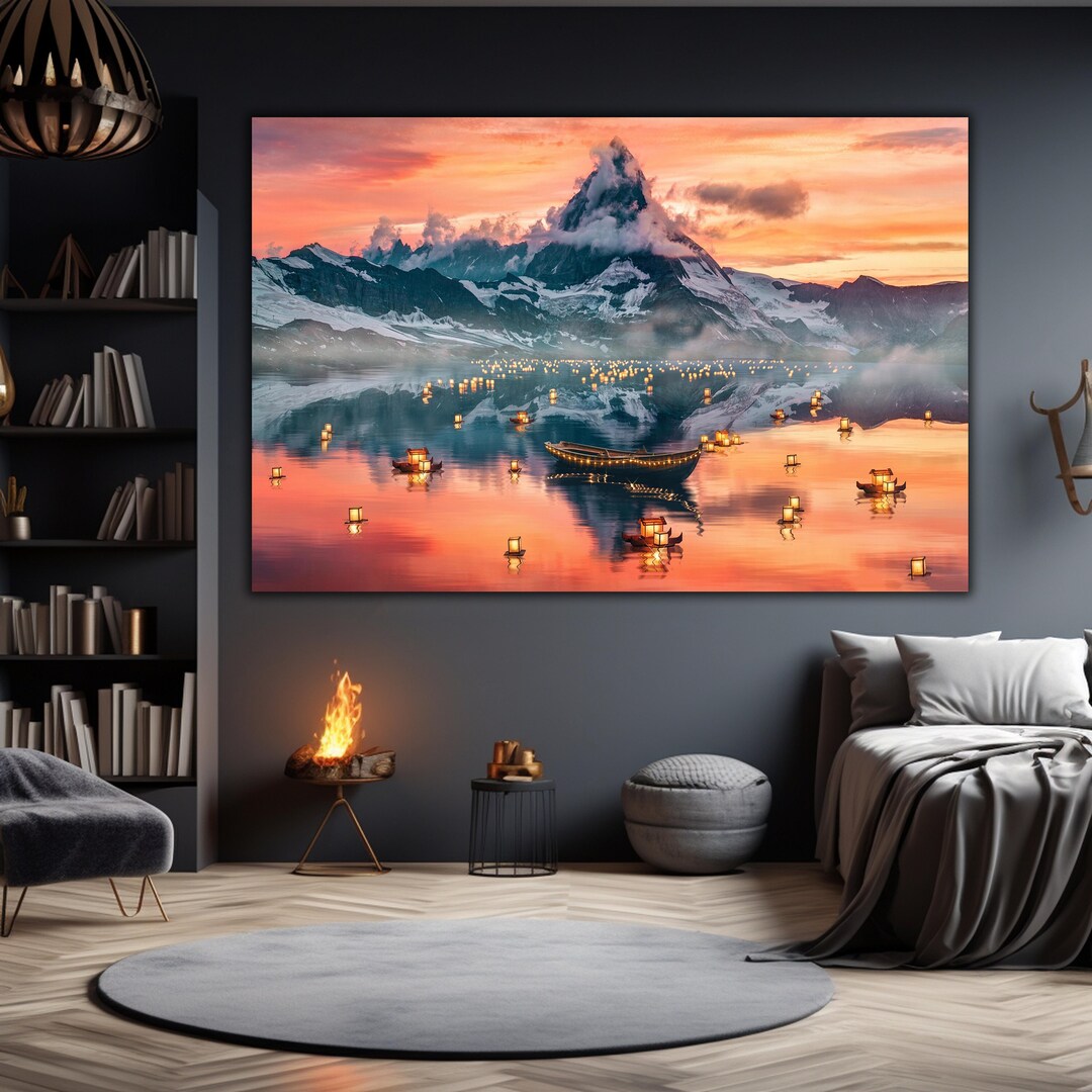 Tableau Déco ARTTOR Impression Sur Verre 90x30cm - Paysage Montagne Bateau