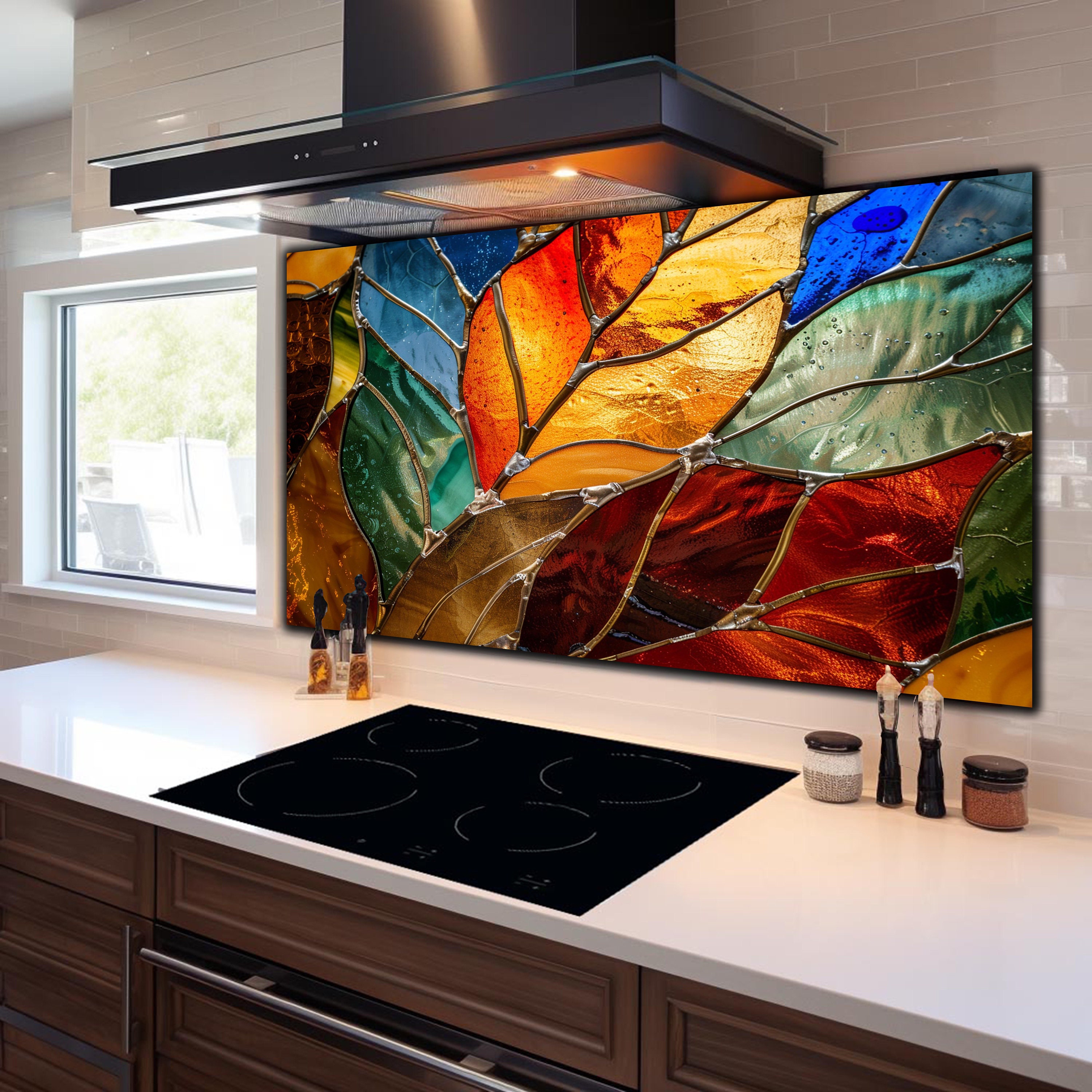 Leaf Pattern Splashback Tempered Glass Backsplash-stained Leaf Backsplash Tiles-stove ...