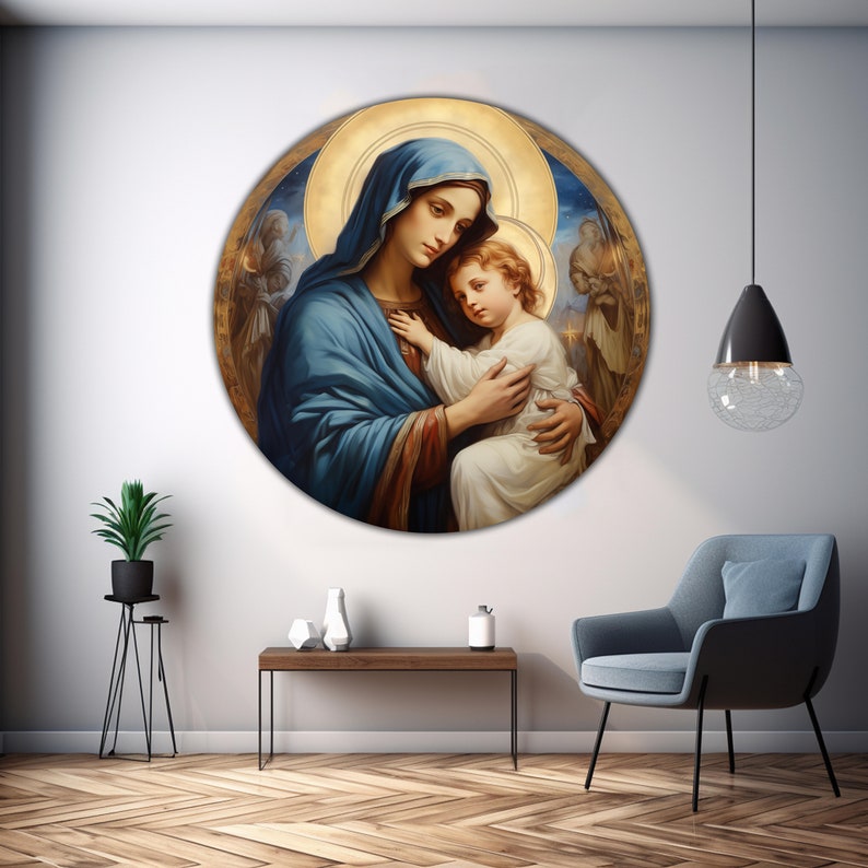 May include: A round painting depicting the Virgin Mary holding the baby Jesus. The painting is set against a blue and gold background with stars and a halo around Mary's head.