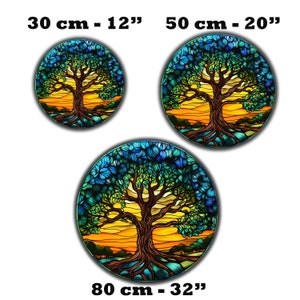 May include: Three circular stained glass art pieces depicting a stylized tree with blue, green, and yellow hues. The tree is set against a sunset background. The sizes are 12 inches, 20 inches, and 32 inches.