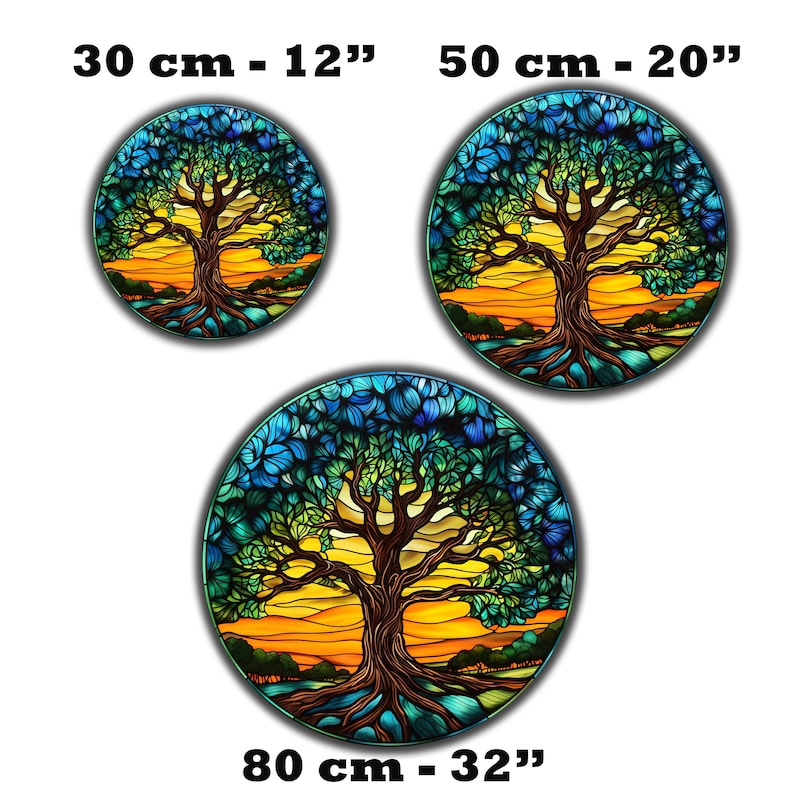 May include: Three circular stained glass art pieces depicting a stylized tree with blue, green, and yellow hues. The tree is set against a sunset background. The sizes are 12 inches, 20 inches, and 32 inches.