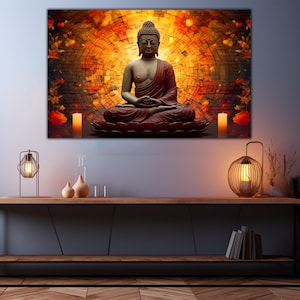 May include: A golden Buddha statue sits in a meditative pose on a red lotus flower. The statue is surrounded by a brick wall with a circular pattern of orange and yellow lights.